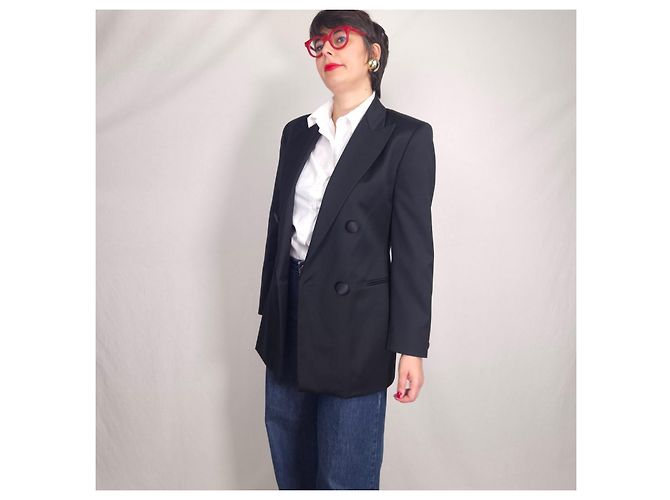 Genny Black Wool Double-Breasted Tuxedo Jacket - view 5