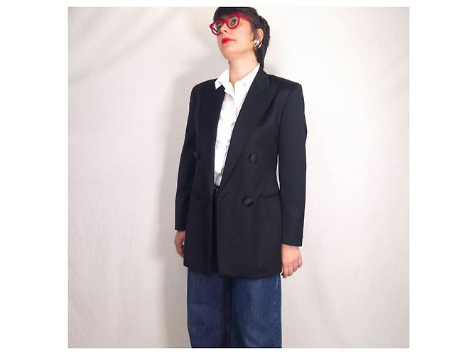 Genny Black Wool Double-Breasted Tuxedo Jacket - view 6