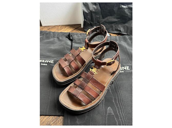 Céline Celine Sandali Triomphe in Pelle Marrone - vista 5