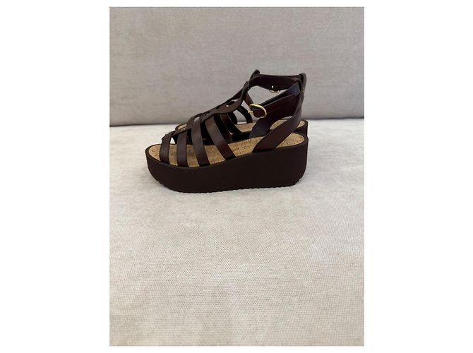 Céline Celine Triomphe sandalias de cuña en cuero marrón - vista 4