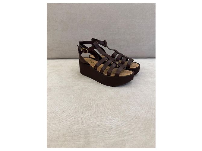 Céline Celine Triomphe sandalias de cuña en cuero marrón - vista 5