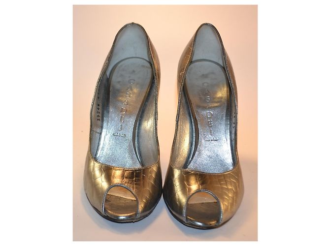 Casadei Silver Crocodile-Effect Leather Open-Toe Pumps - view 3
