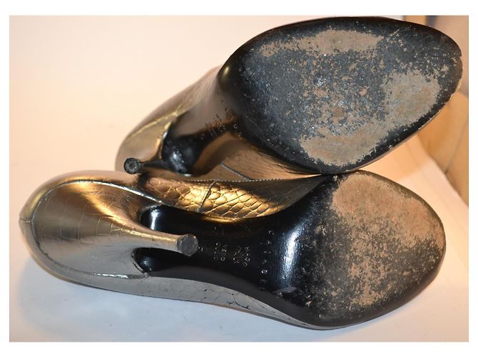 Casadei Silver Crocodile-Effect Leather Open-Toe Pumps - view 6