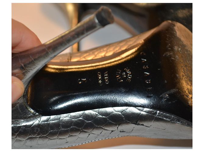 Casadei Silver Crocodile-Effect Leather Open-Toe Pumps - view 7