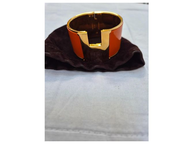 Hermès Bracciale Cuff H Metallo Dorato Smalto Arancione - vista 2