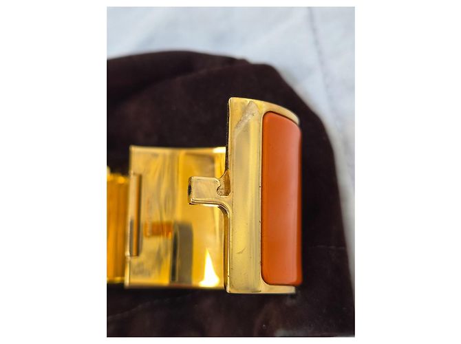 Hermès Bracciale Cuff H Metallo Dorato Smalto Arancione - vista 3