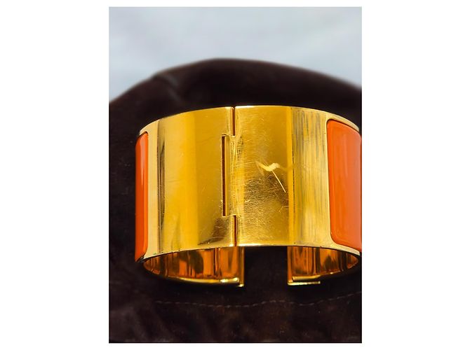 Hermès Bracciale Cuff H Metallo Dorato Smalto Arancione - vista 9