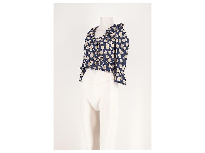 Autre Marque Top de seda azul con estampado floral y cuello con volantes - vista 4