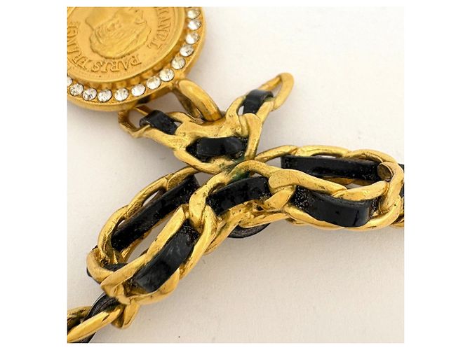Collana Chanel placcata oro con dettagli in pelle e strass - vista 4