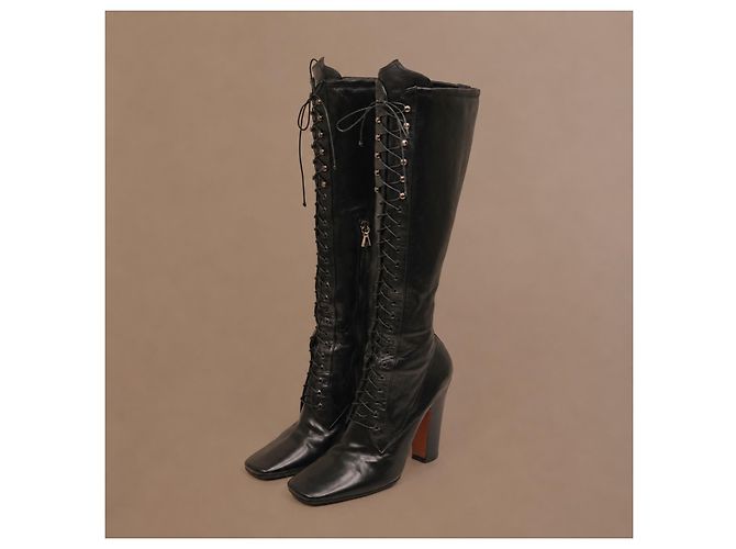 Alaïa Black Leather Lace-Up Block Heel Boots - view 2
