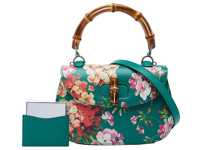 Bamboo Bolso Gucci Blooms de piel de becerro verde con asa de bambú Medium - vista 6