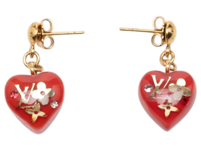 Orecchini a lobo Louis Vuitton cuore pendente in resina con inclusione Monogram placcato oro rosso - vista 2