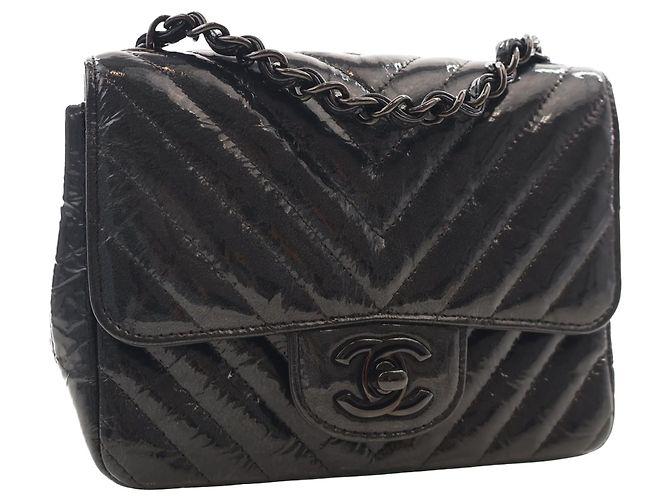 Chanel Black Mini Square Classic Chevron Crumpled Patent So Black Single Flap - vista 8