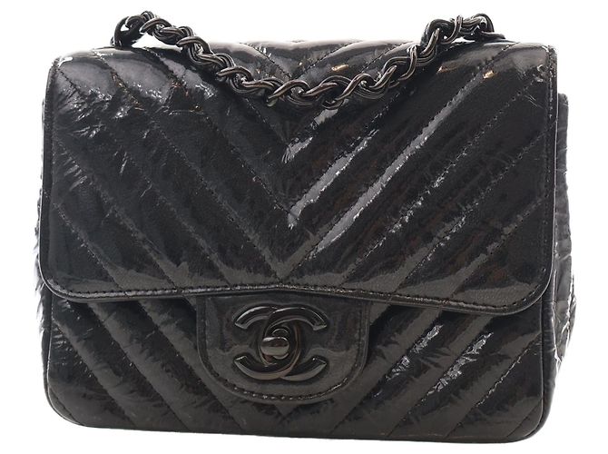 Chanel Black Mini Square Classic Chevron Crumpled Patent So Black Single Flap - vista 9