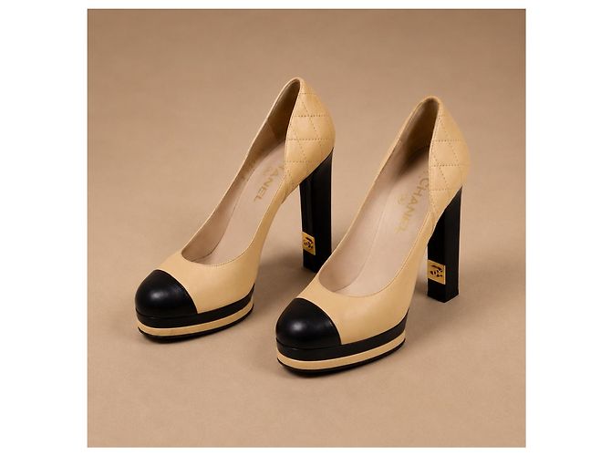 Chanel Plateau Pumps Beige Leder Schwarz - Ansicht 3