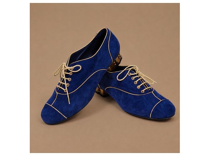 Chanel Scarpe stringate camoscio blu e oro - vista 10