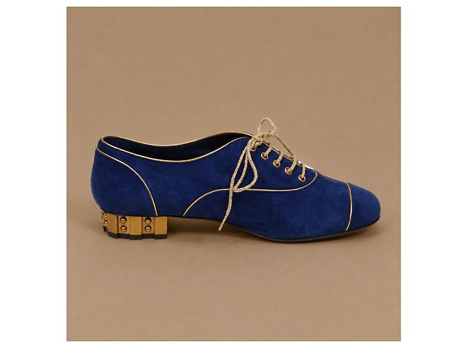 Chanel Scarpe stringate camoscio blu e oro - vista 8
