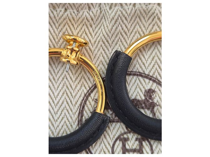 Hermès Loop Orecchini a cerchio in pelle e metallo dorato - vista 5