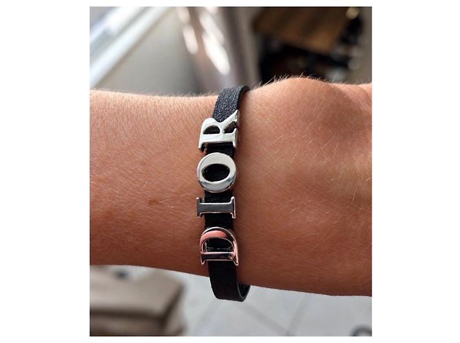 Bracciale Christian Dior Pelle Nera Logo Argento - vista 5