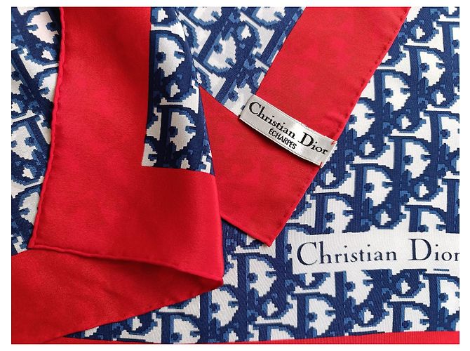 Foulard in seta monogramma Christian Dior Oblique Rosso Blu - vista 6
