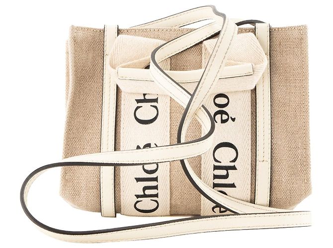 CHLOÉ - Borsa a tracolla Woody mini Chloé in tela e pelle beige - vista 3