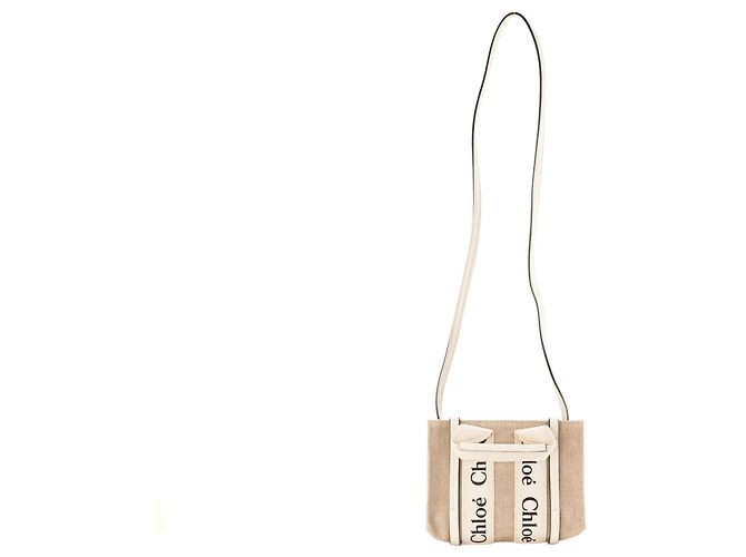 CHLOÉ - Borsa a tracolla Woody mini Chloé in tela e pelle beige - vista 5