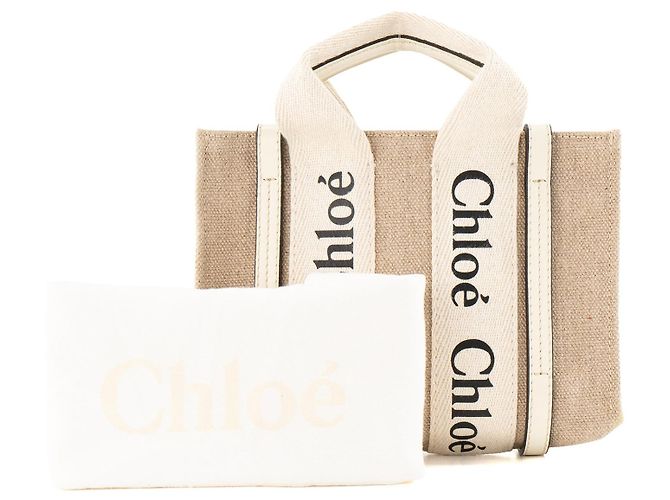 CHLOÉ - Borsa a tracolla Woody mini Chloé in tela e pelle beige - vista 9