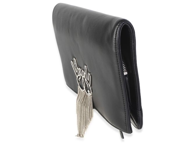 Clutch a patta Chanel in lambskin nero con simbolo della pace in strass - vista 3
