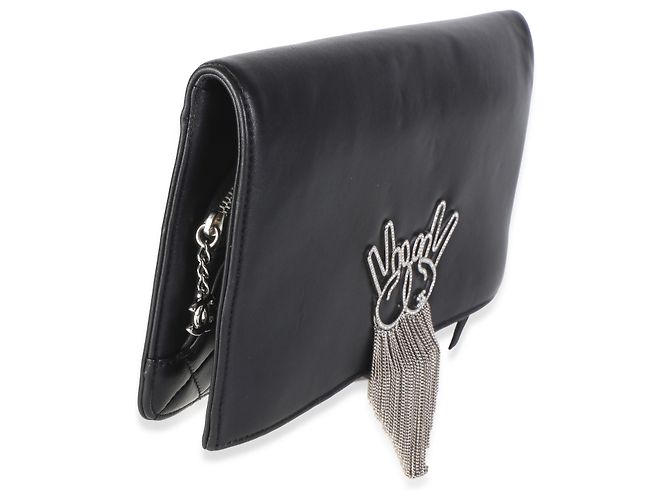Clutch a patta Chanel in lambskin nero con simbolo della pace in strass - vista 4