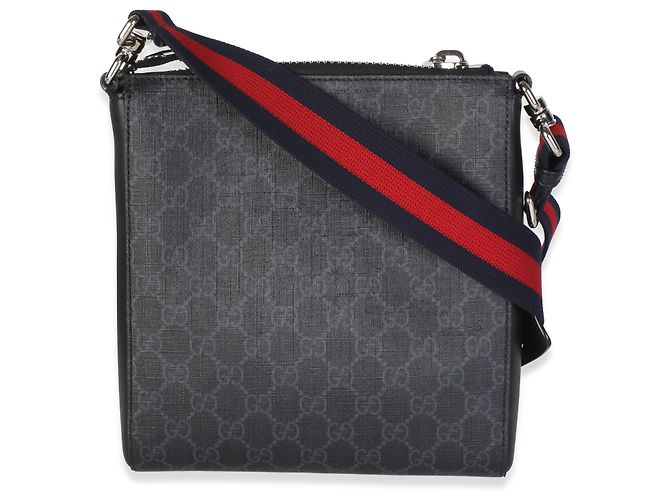 Borsa a tracolla piccola e piatta Gucci in tela GG Supreme nera e grigia con banda Web - vista 2