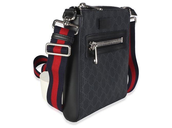 Borsa a tracolla piccola e piatta Gucci in tela GG Supreme nera e grigia con banda Web - vista 4