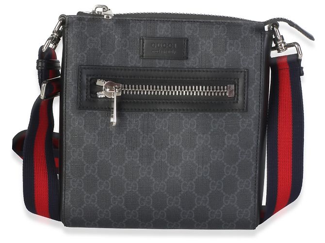 Borsa a tracolla piccola e piatta Gucci in tela GG Supreme nera e grigia con banda Web - vista 8