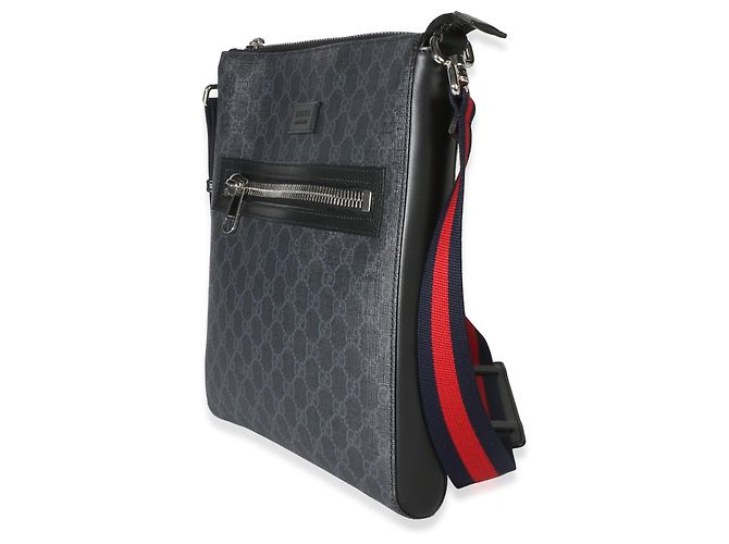 Borsa a tracolla piatta Gucci in tela GG Supreme nera con fascia Web - vista 2