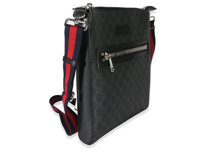 Borsa a tracolla piatta Gucci in tela GG Supreme nera con fascia Web - vista 3