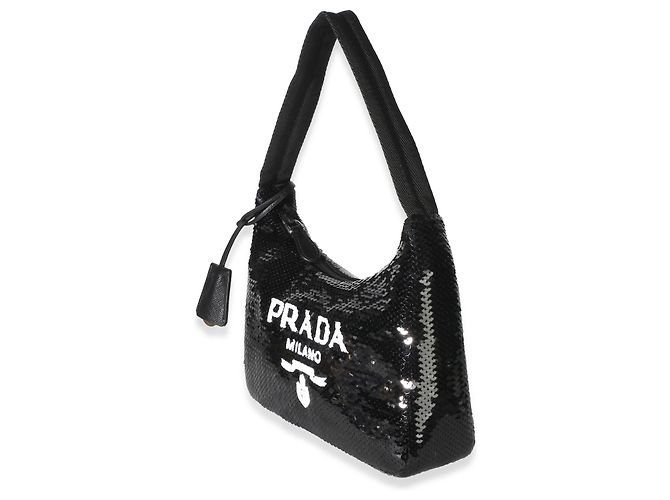 Borsa Prada Mini Re-Edition 2000 in paillettes nero e bianco - vista 3
