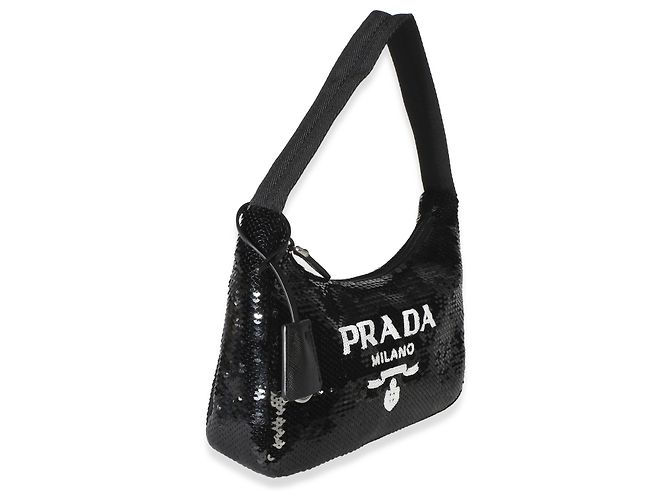 Borsa Prada Mini Re-Edition 2000 in paillettes nero e bianco - vista 4