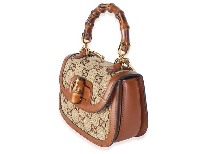 Borsa Gucci Camel GG Supreme Canvas Crystal Mini Bamboo 1947 Top Handle - vista 3