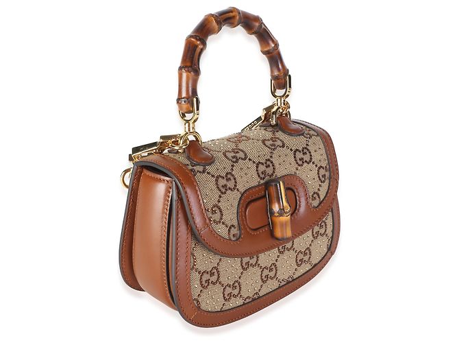 Borsa Gucci Camel GG Supreme Canvas Crystal Mini Bamboo 1947 Top Handle - vista 4