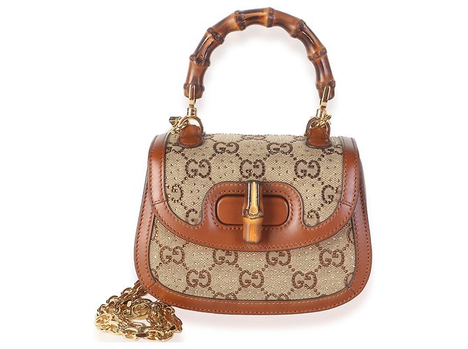 Borsa Gucci Camel GG Supreme Canvas Crystal Mini Bamboo 1947 Top Handle - vista 8