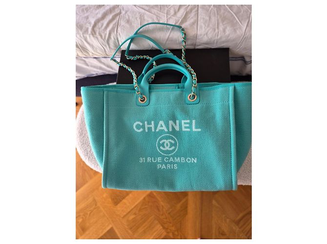 Chanel Deauville Borsa Shopper Tela Turchese - vista 14