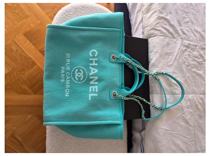 Chanel Deauville Borsa Shopper Tela Turchese - vista 15