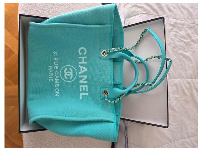 Chanel Deauville Borsa Shopper Tela Turchese - vista 16