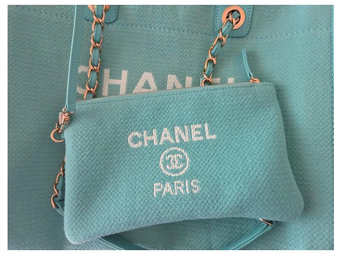 Chanel Deauville Borsa Shopper Tela Turchese - vista 4