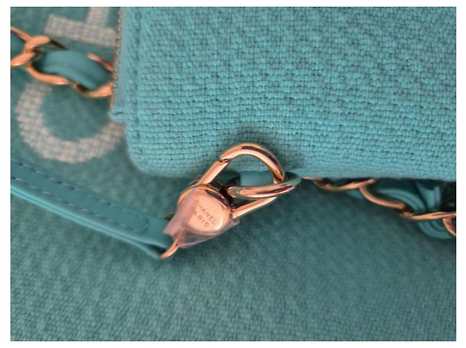 Chanel Deauville Borsa Shopper Tela Turchese - vista 5