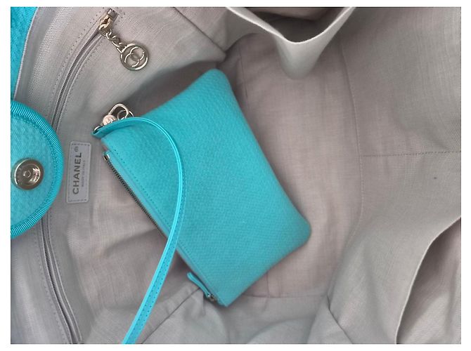 Chanel Deauville Borsa Shopper Tela Turchese - vista 7