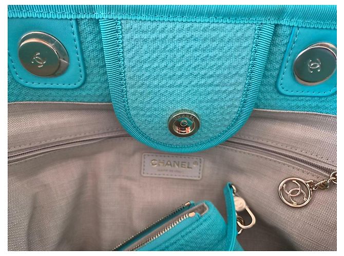Chanel Deauville Borsa Shopper Tela Turchese - vista 8