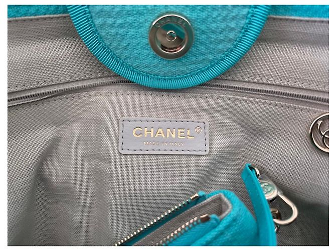 Chanel Deauville Borsa Shopper Tela Turchese - vista 9