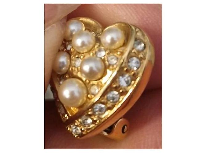 Dior orecchini a cuore perle e strass dorati - vista 12
