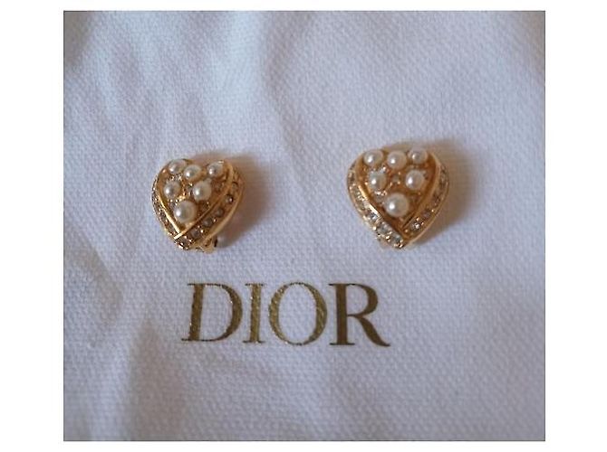 Dior orecchini a cuore perle e strass dorati - vista 3