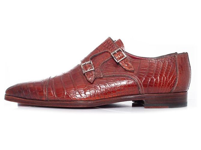 Santoni, scarpa double monk strap in coccodrillo marrone - vista 2